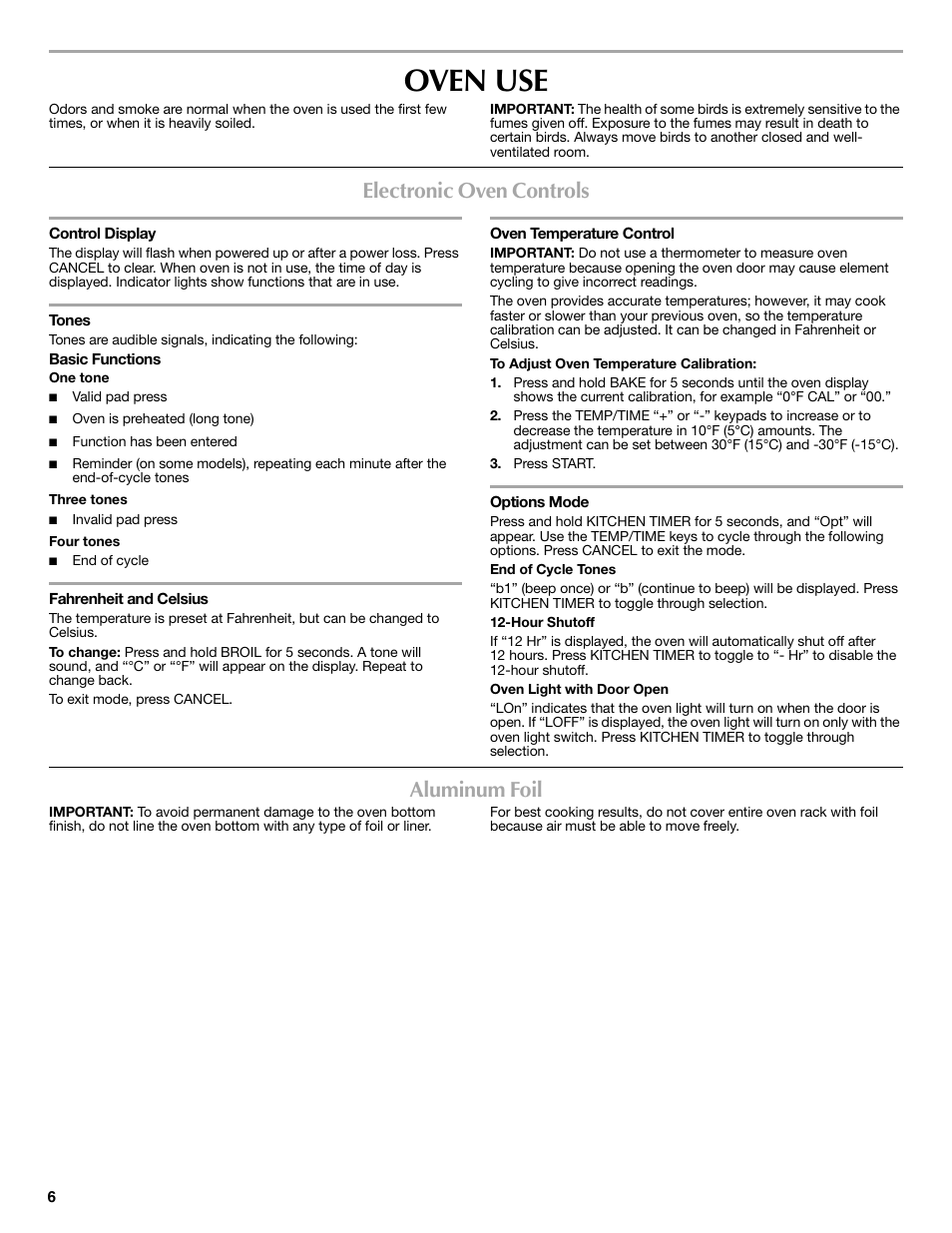 Oven use, Electronic oven controls, Aluminum foil | Maytag W10234644A User Manual | Page 6 / 12