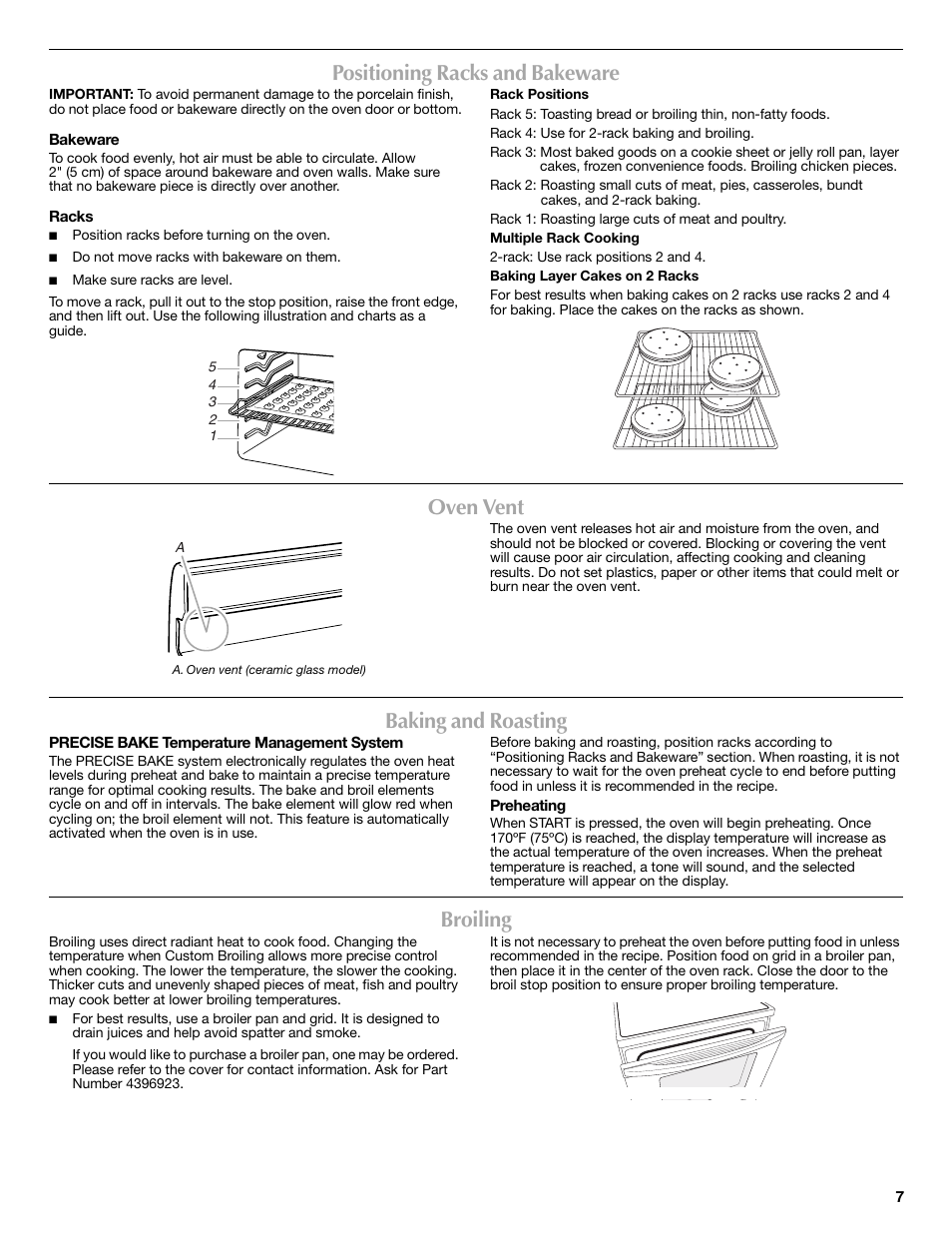 Positioning racks and bakeware, Oven vent, Baking and roasting | Broiling | Maytag W10234644A User Manual | Page 7 / 12
