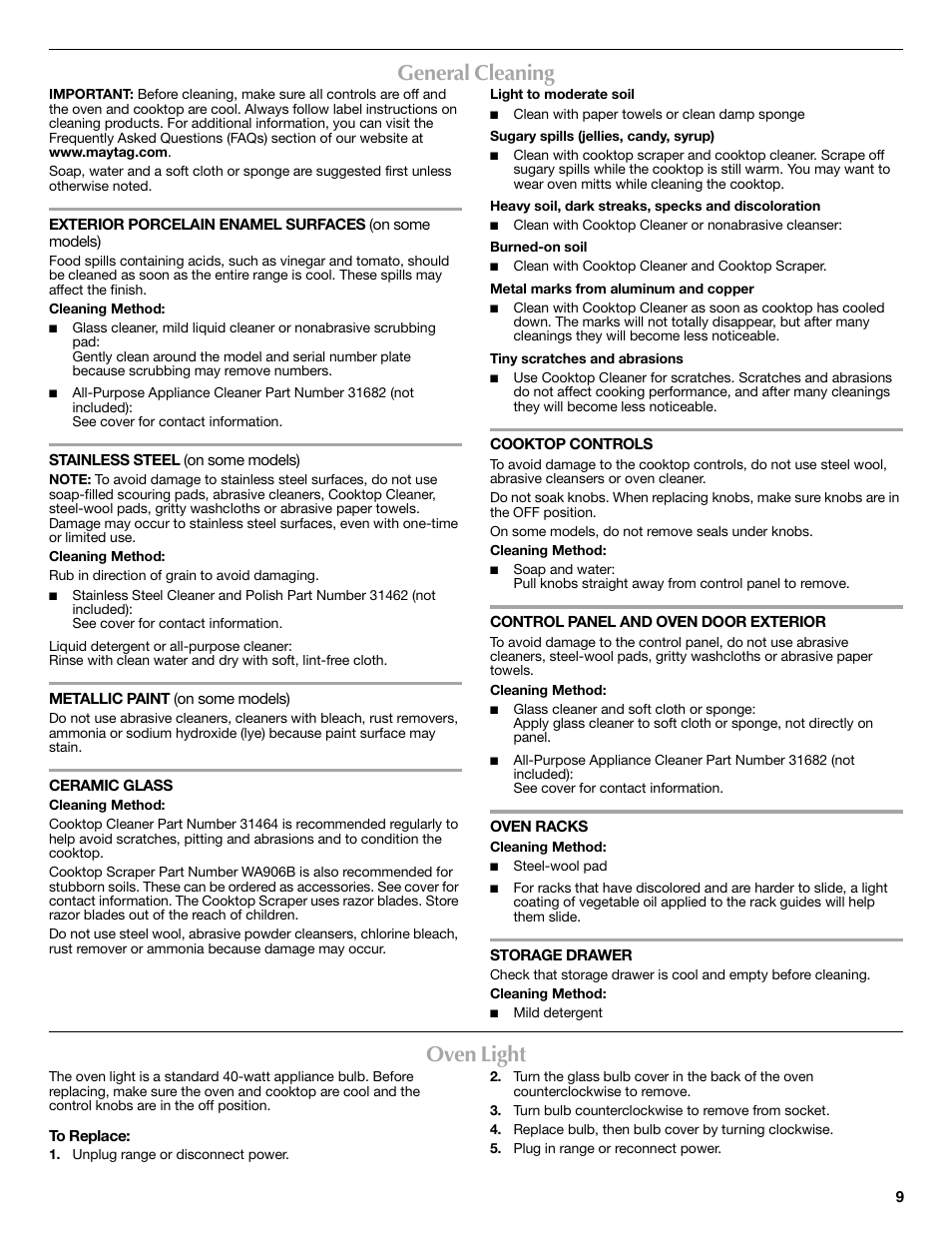 General cleaning, Oven light | Maytag W10234644A User Manual | Page 9 / 12