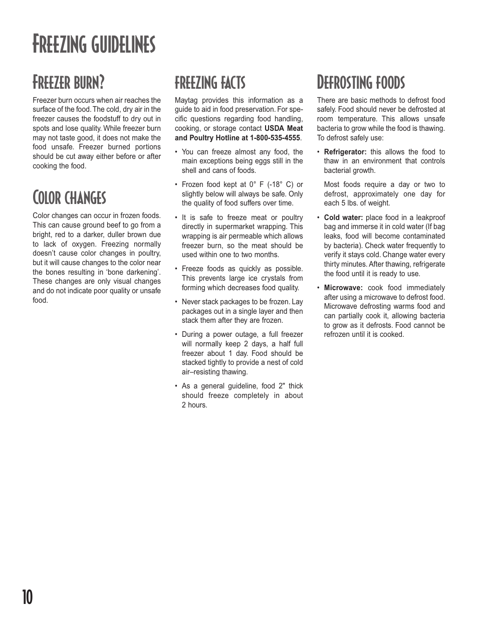 Freezing guidelines, Freezer burn, Color changes | Freezing facts, Defrosting foods | Maytag Upright Freezers User Manual | Page 10 / 48