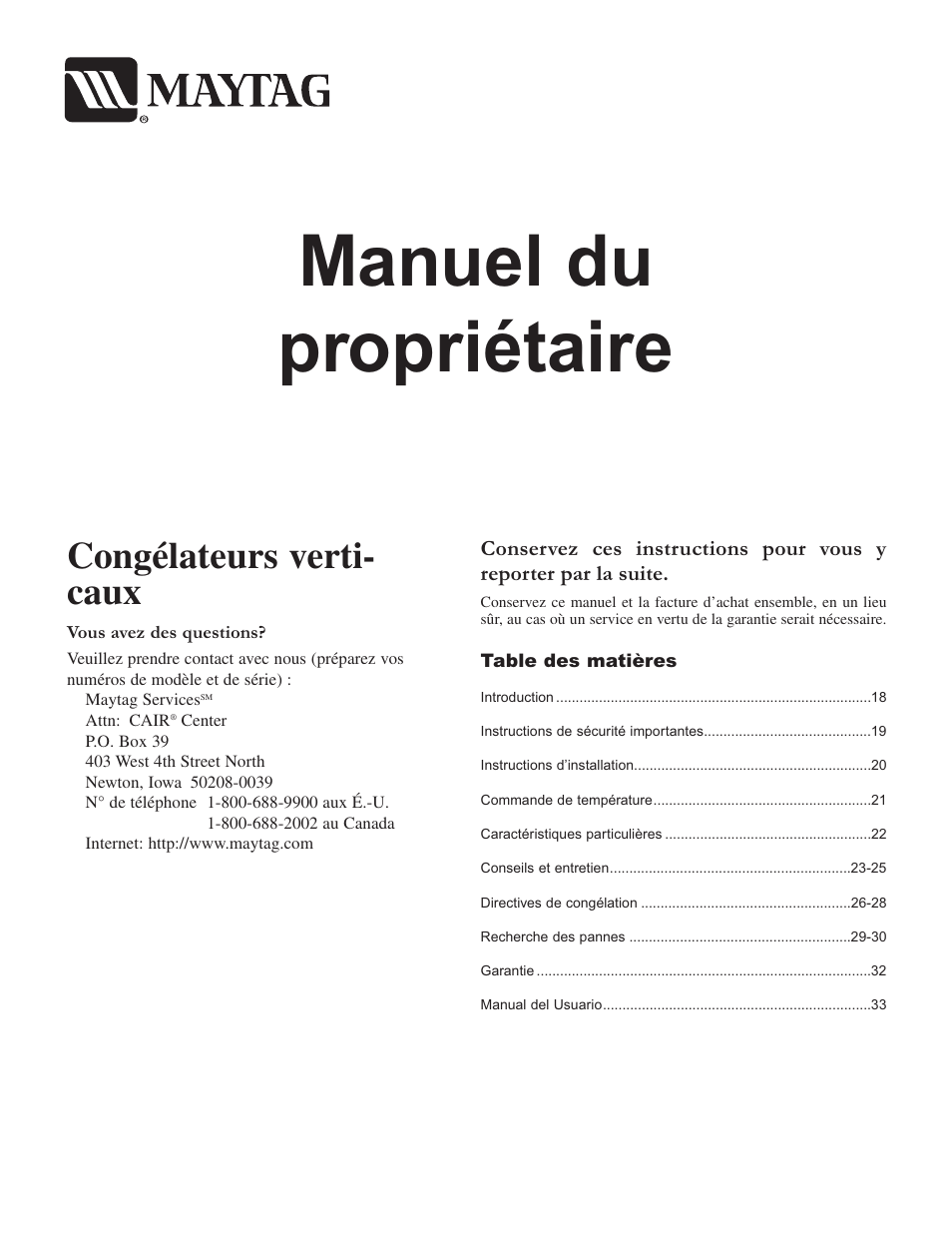 Manuel du propriétaire, Congélateurs verti- caux | Maytag Upright Freezers User Manual | Page 17 / 48