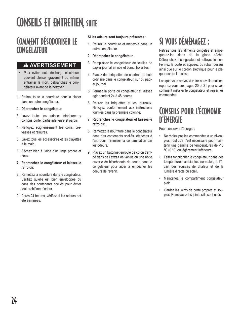 Conseils et entretien, Suite comment désodoriser le congélateur, Si vous déménagez | Conseils pour l'économie d'énergie | Maytag Upright Freezers User Manual | Page 24 / 48