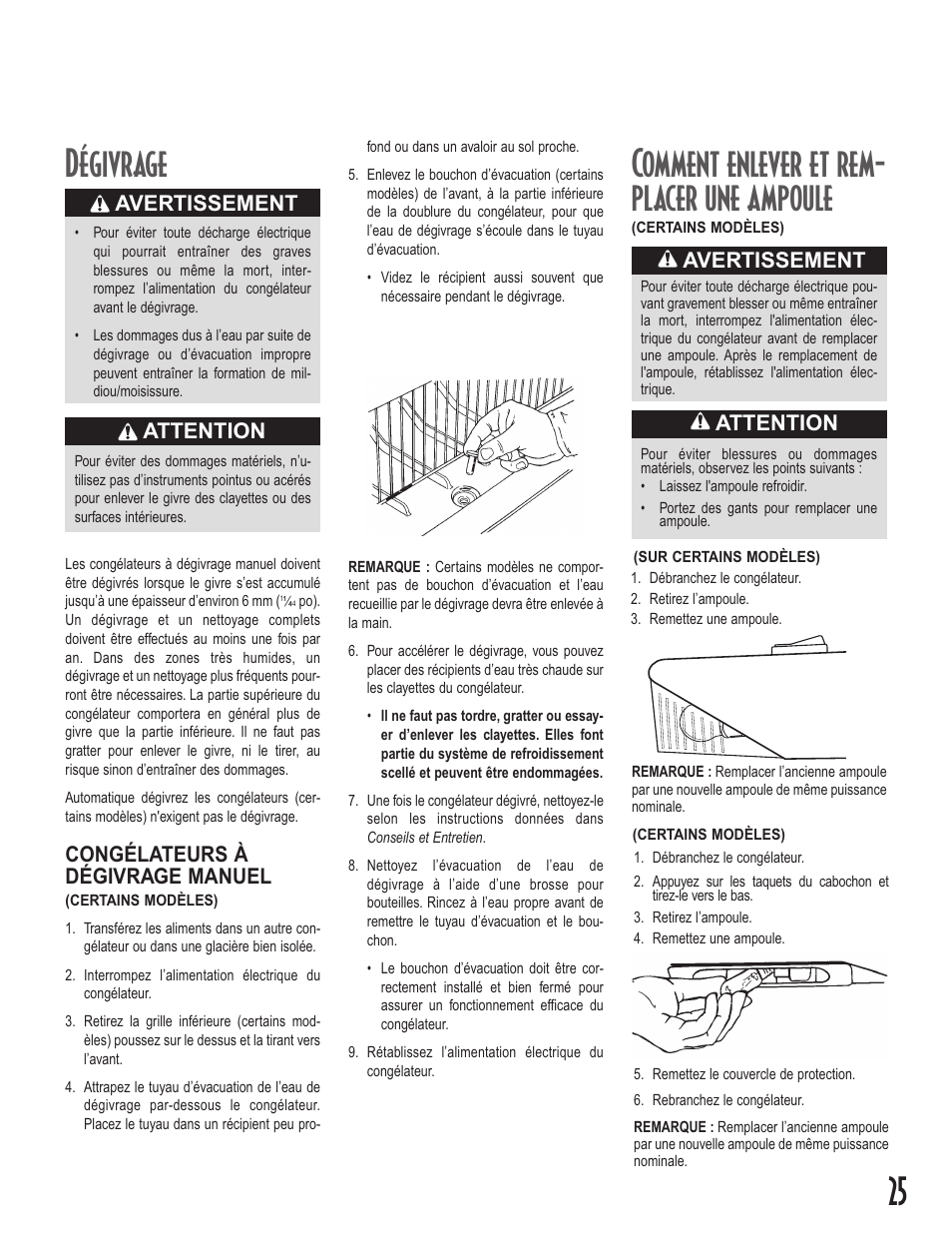 Comment enlever et rem- placer une ampoule, Dégivrage, Attention | Avertissement, Congélateurs à dégivrage manuel | Maytag Upright Freezers User Manual | Page 25 / 48