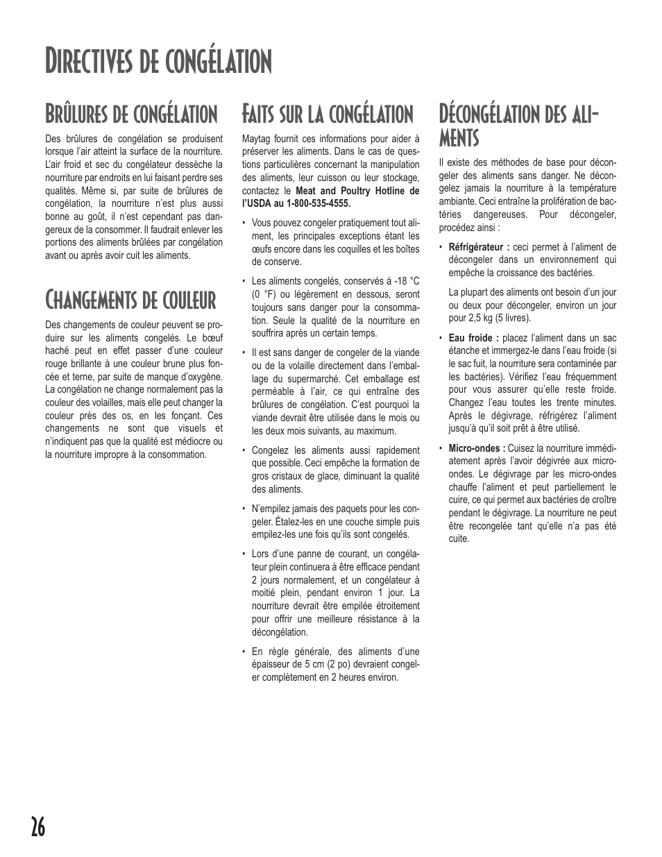 Directives de congélation, Brûlures de congélation, Changements de couleur | Faits sur la congélation, Décongélation des ali- ments | Maytag Upright Freezers User Manual | Page 26 / 48