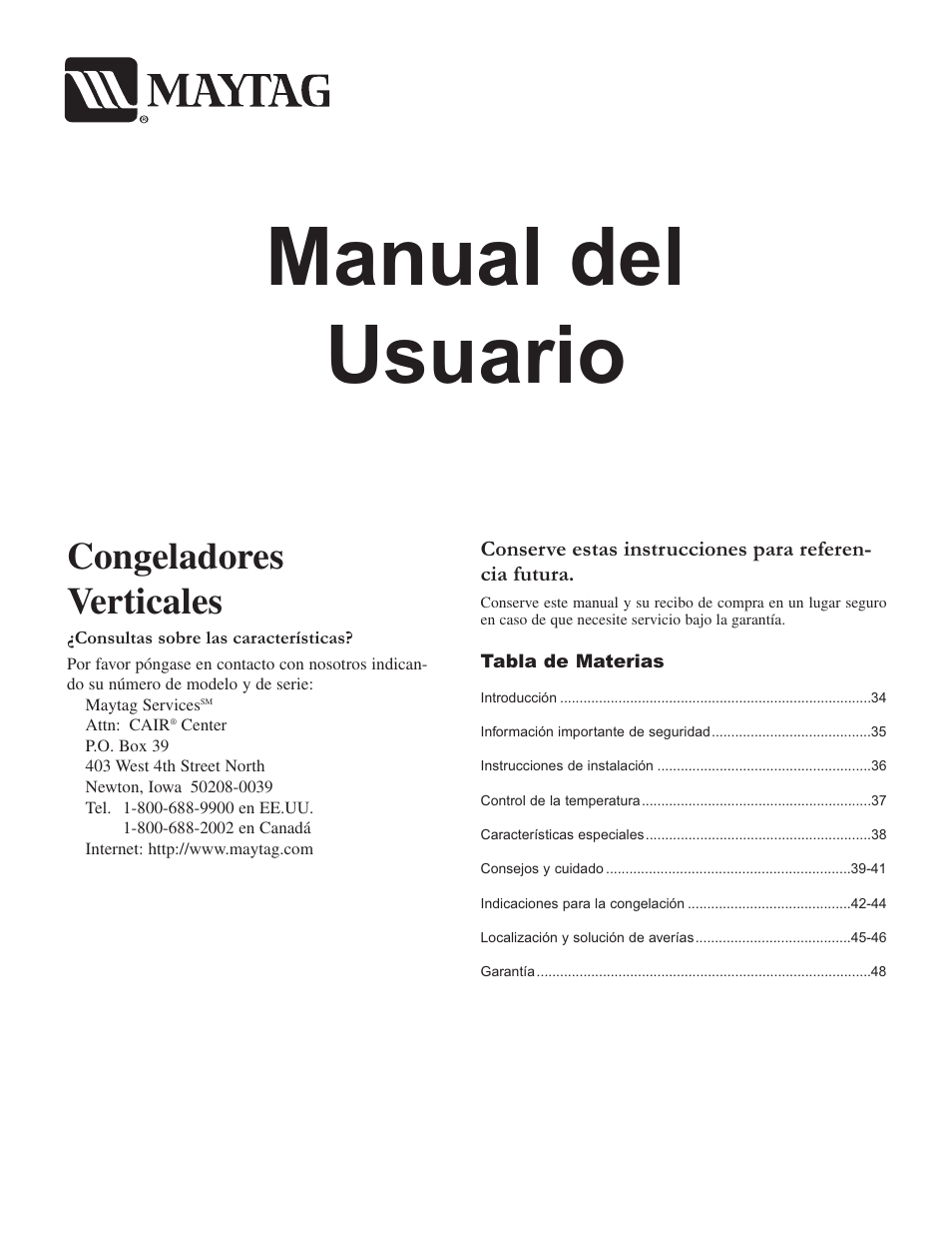 Manual del usuario, Congeladores verticales | Maytag Upright Freezers User Manual | Page 33 / 48