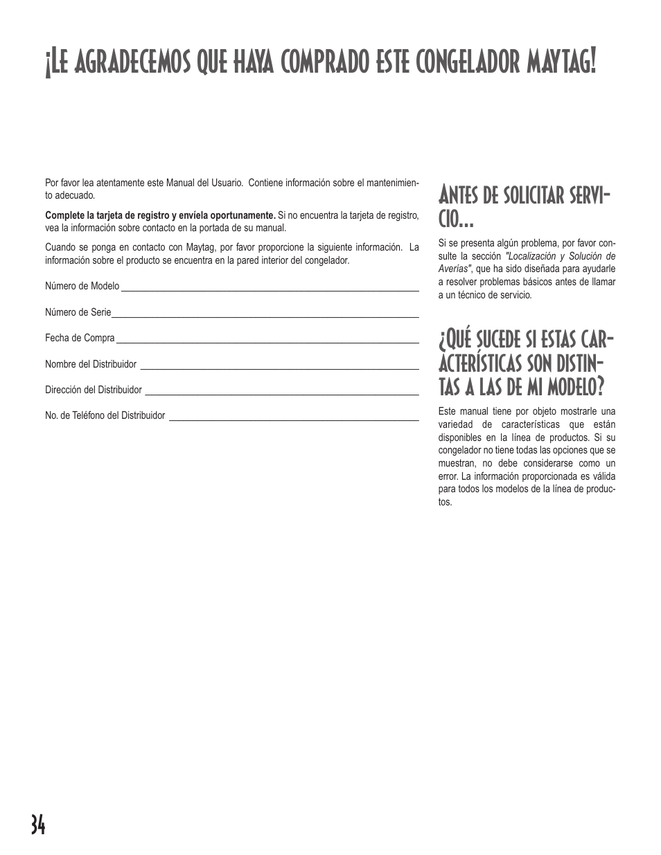 Antes de solicitar servi- cio | Maytag Upright Freezers User Manual | Page 34 / 48