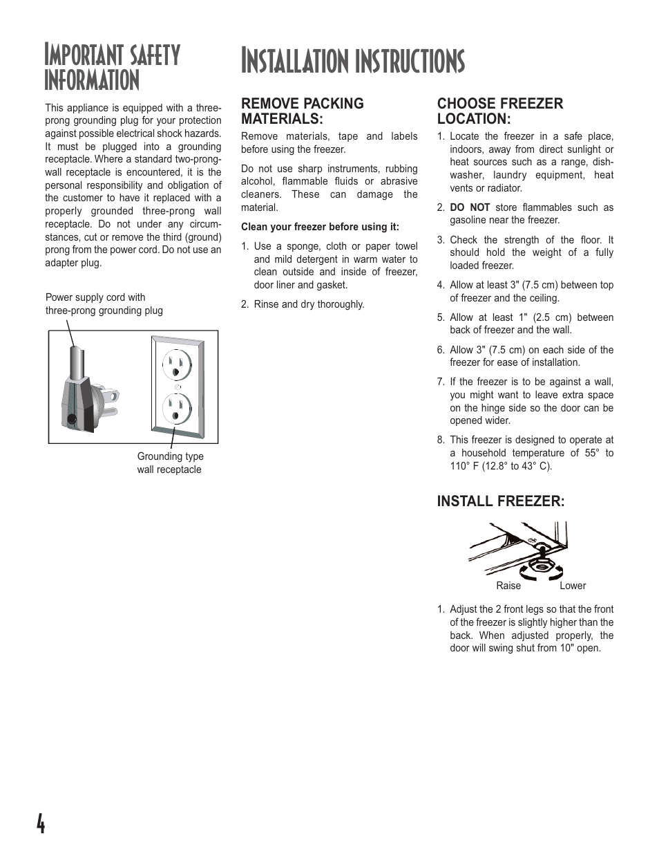 Installation instructions, Important safety information, Install freezer | Remove packing materials, Choose freezer location | Maytag Upright Freezers User Manual | Page 4 / 48