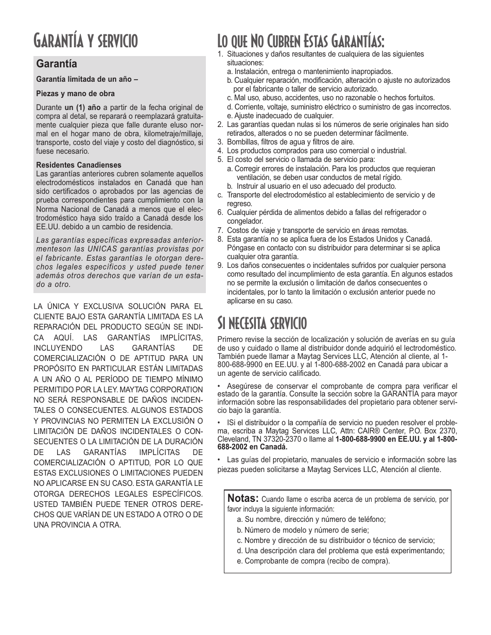 Garantía y servicio, Lo que no cubren estas garantías, Si necesita servicio | Garantía, Notas | Maytag Upright Freezers User Manual | Page 48 / 48