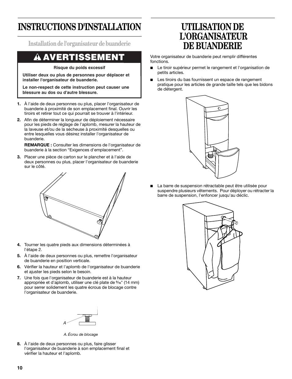 Instructions d'installation, Utilisation de l'organisateur de buanderie, Avertissement | Installation de l'organisateur de buanderie | Maytag W10101295A User Manual | Page 10 / 12