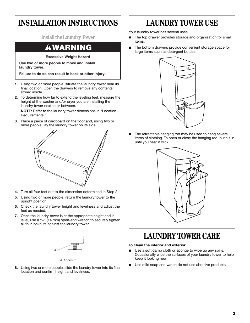 Installation instructions, Laundry tower use, Laundry tower care | Warning, Install the laundry tower | Maytag W10101295A User Manual | Page 3 / 12