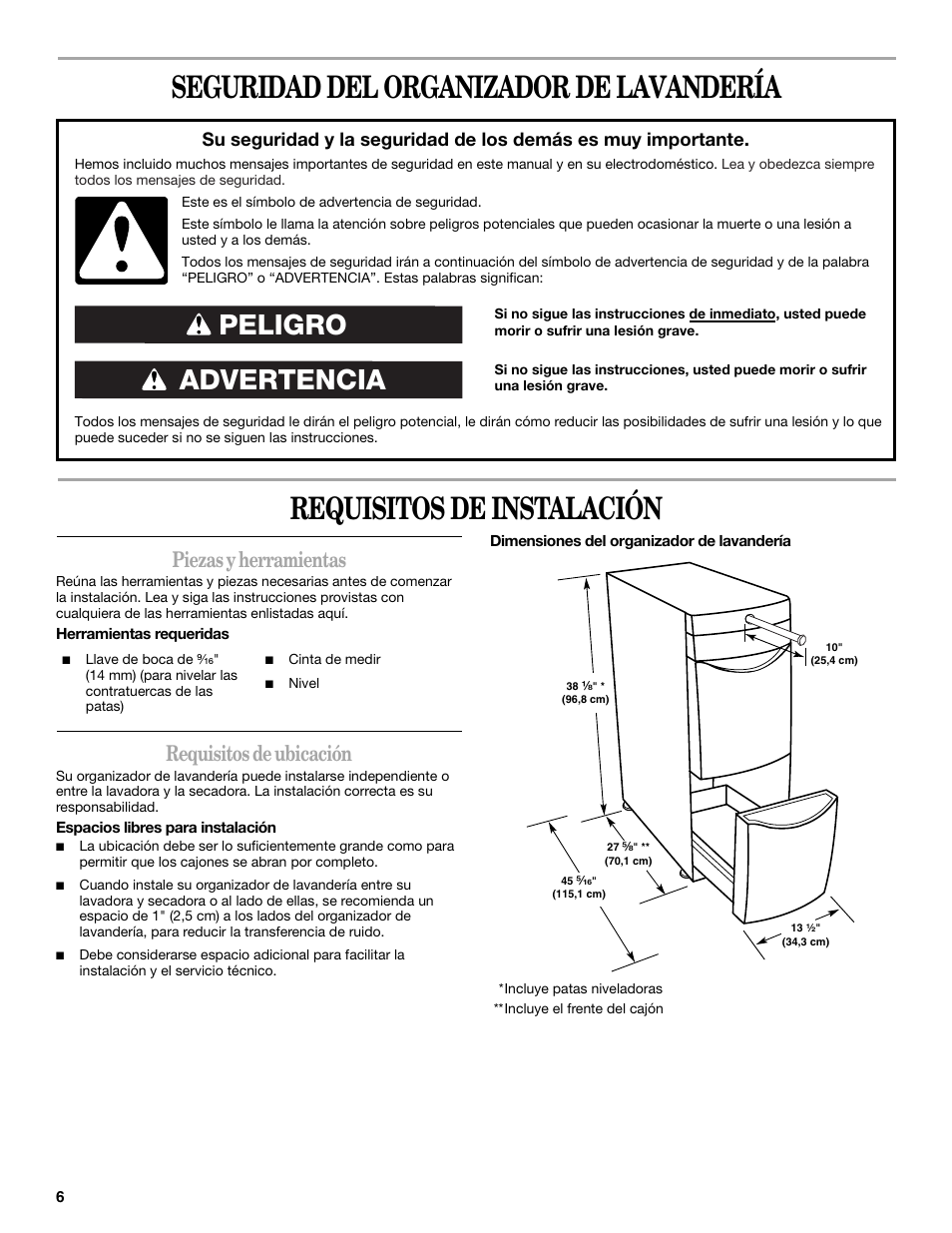 Advertencia peligro, Piezas y herramientas, Requisitos de ubicación | Maytag W10101295A User Manual | Page 6 / 12