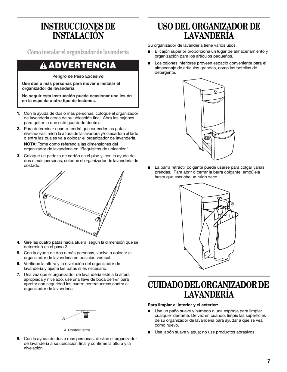 Instrucciones de instalación, Uso del organizador de lavandería, Cuidado del organizador de lavandería | Advertencia, Cómo instalar el organizador de lavandería | Maytag W10101295A User Manual | Page 7 / 12