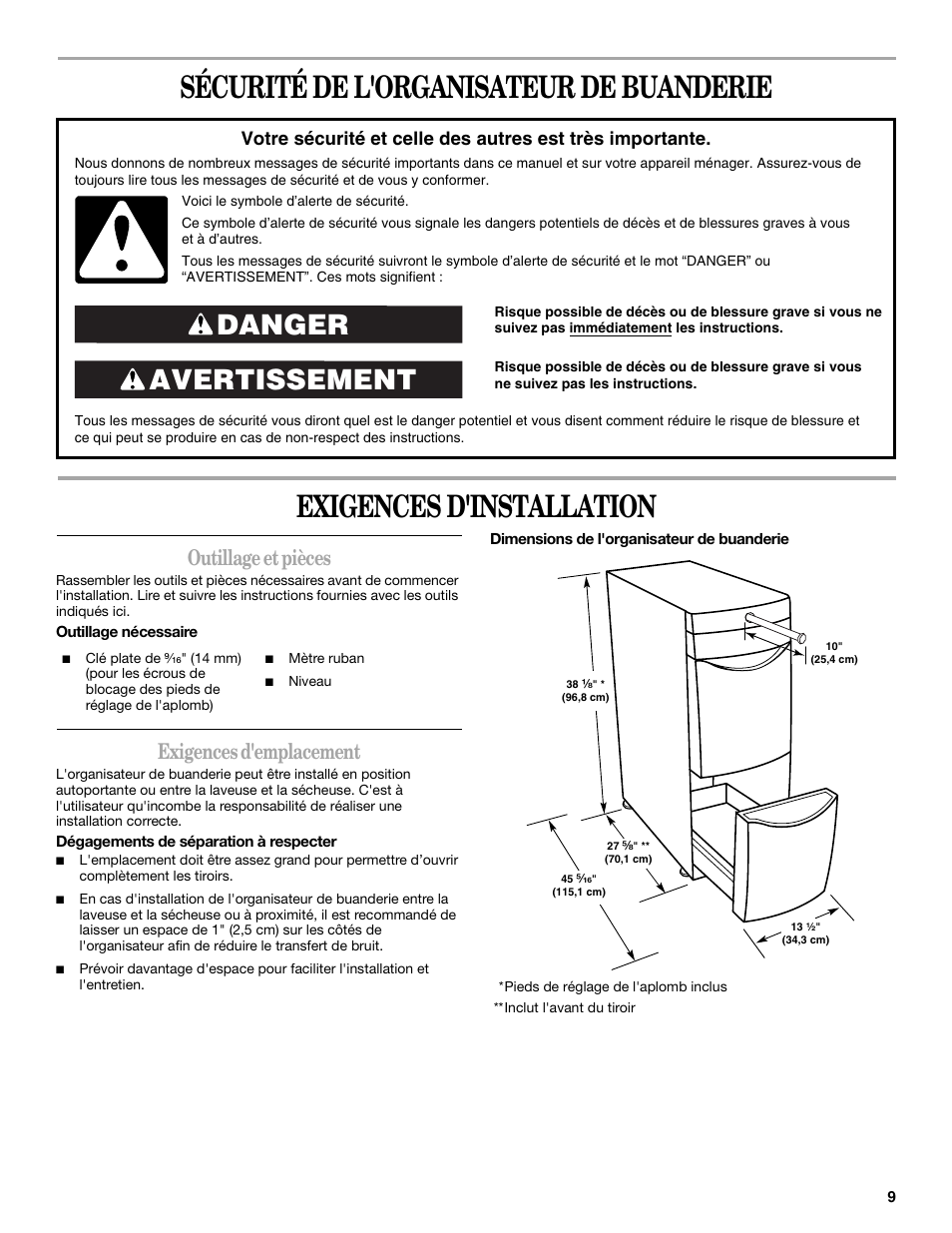 Avertissement danger, Outillage et pièces, Exigences d'emplacement | Maytag W10101295A User Manual | Page 9 / 12