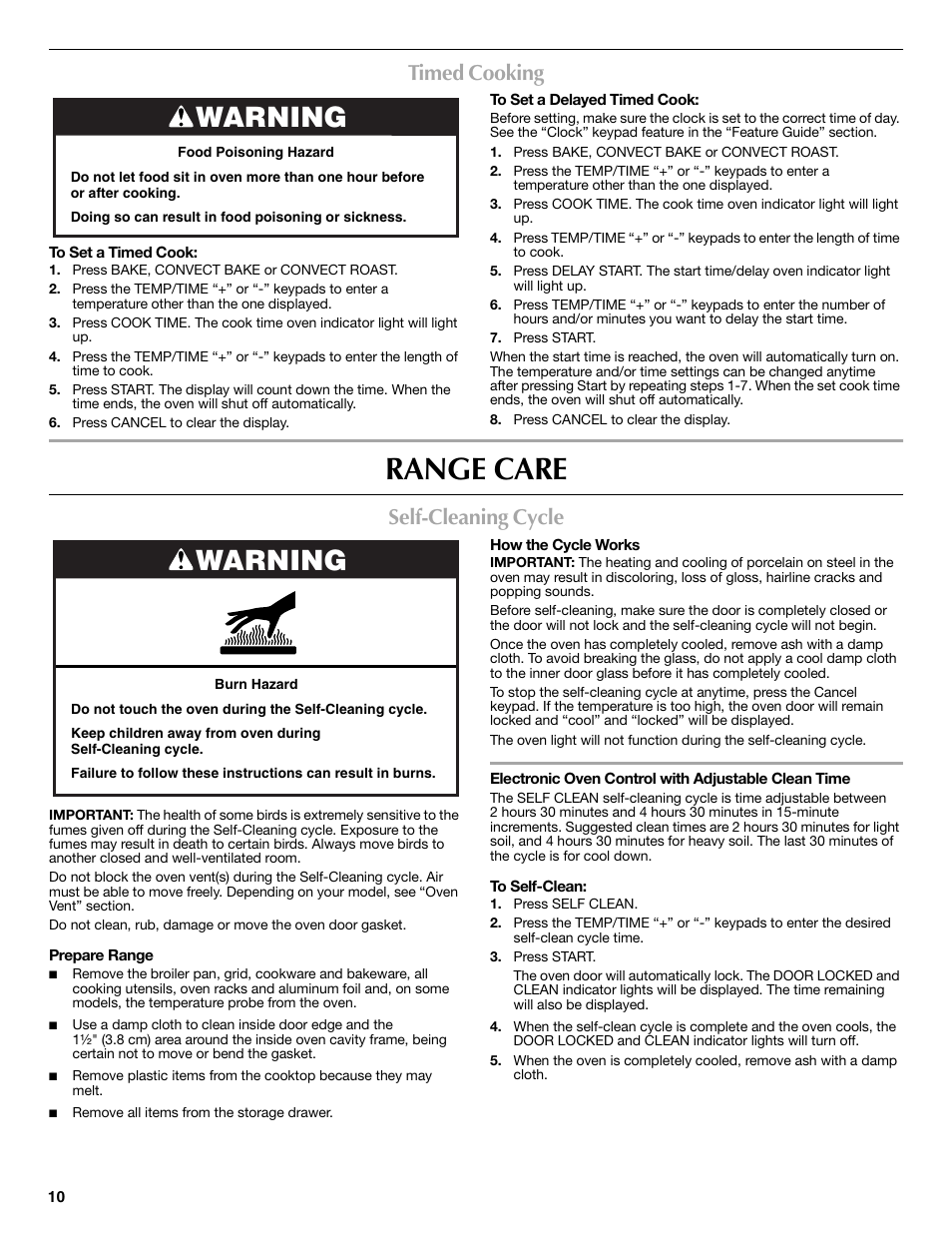 Range care, Warning, Timed cooking | Self-cleaning cycle | Maytag W10249694A User Manual | Page 10 / 16