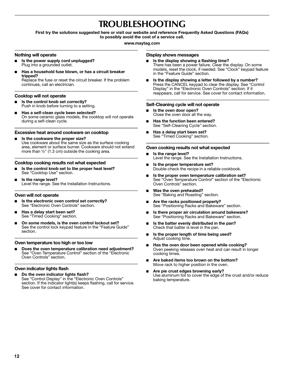 Troubleshooting | Maytag W10249694A User Manual | Page 12 / 16