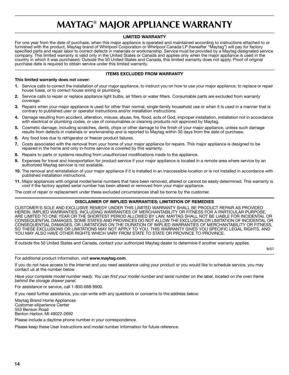 Maytag, Major appliance warranty | Maytag W10249694A User Manual | Page 14 / 16