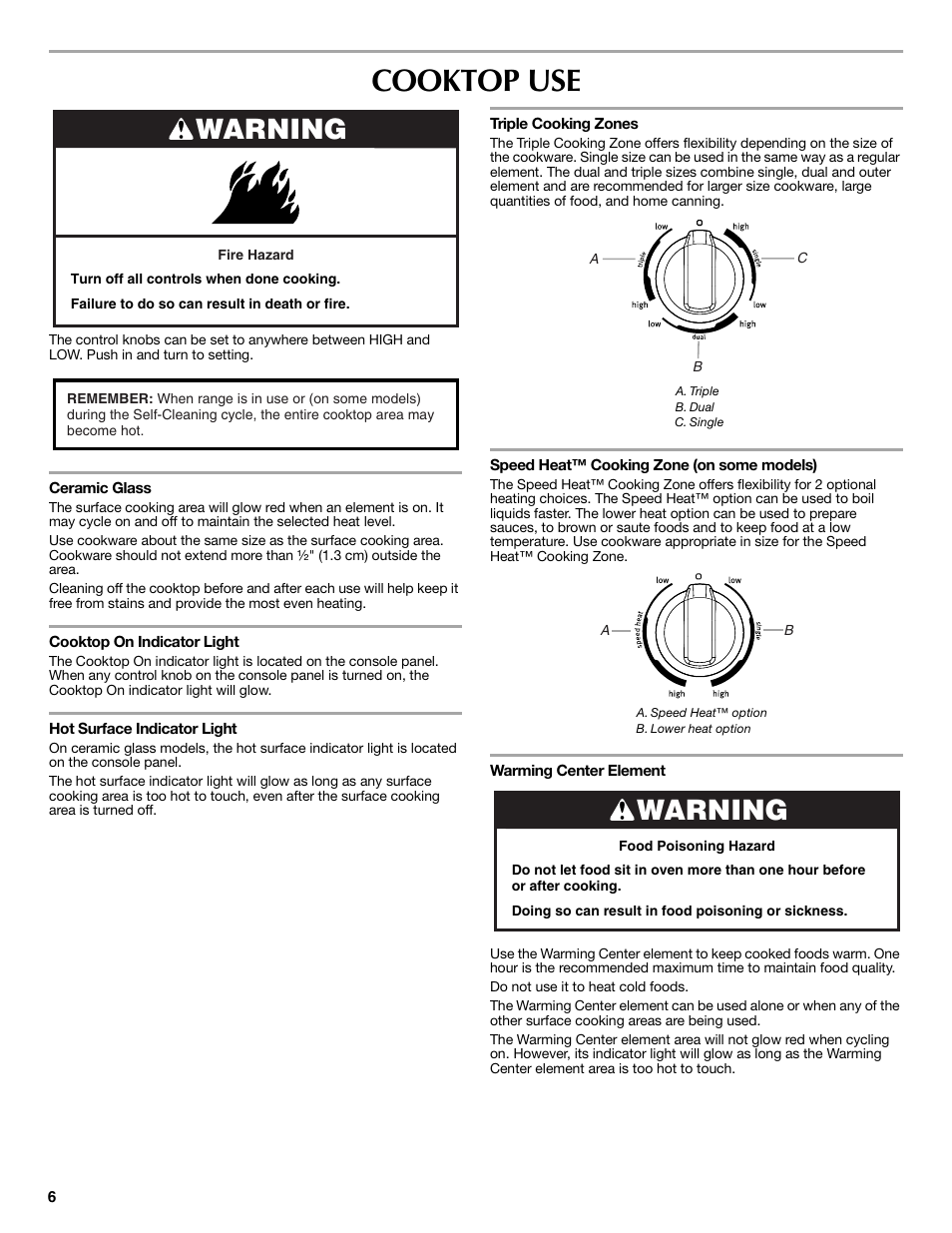 Cooktop use, Warning | Maytag W10249694A User Manual | Page 6 / 16