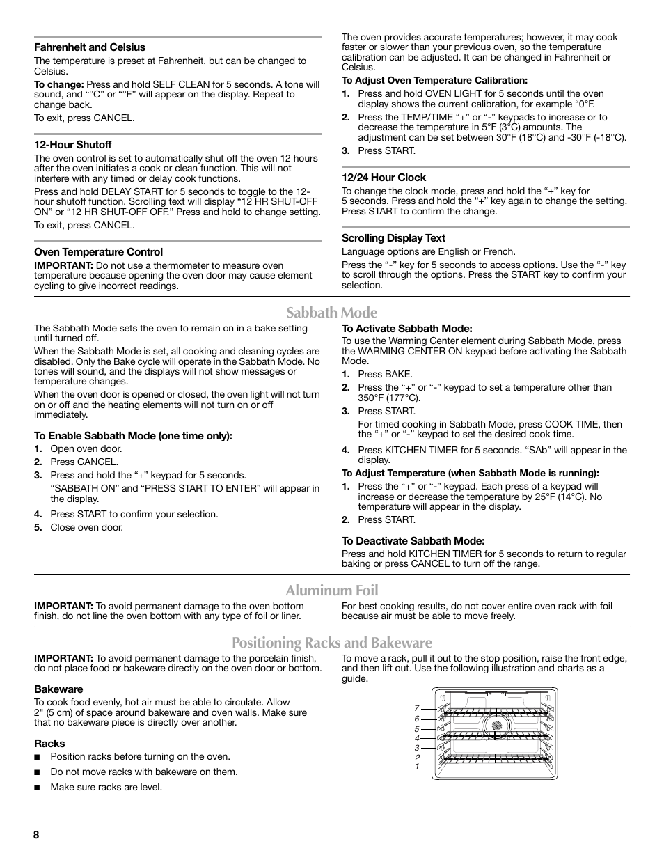 Sabbath mode, Aluminum foil, Positioning racks and bakeware | Maytag W10249694A User Manual | Page 8 / 16
