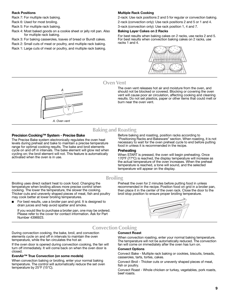 Oven vent, Baking and roasting, Broiling | Convection cooking | Maytag W10249694A User Manual | Page 9 / 16