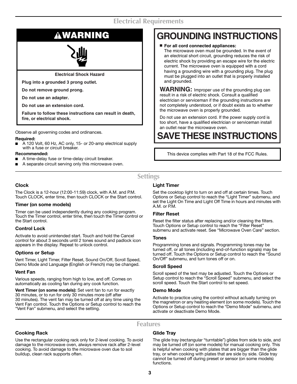 Grounding instructions save these instructions, Warning, Electrical requirements | Settings, Features | Maytag W10274531A User Manual | Page 3 / 6