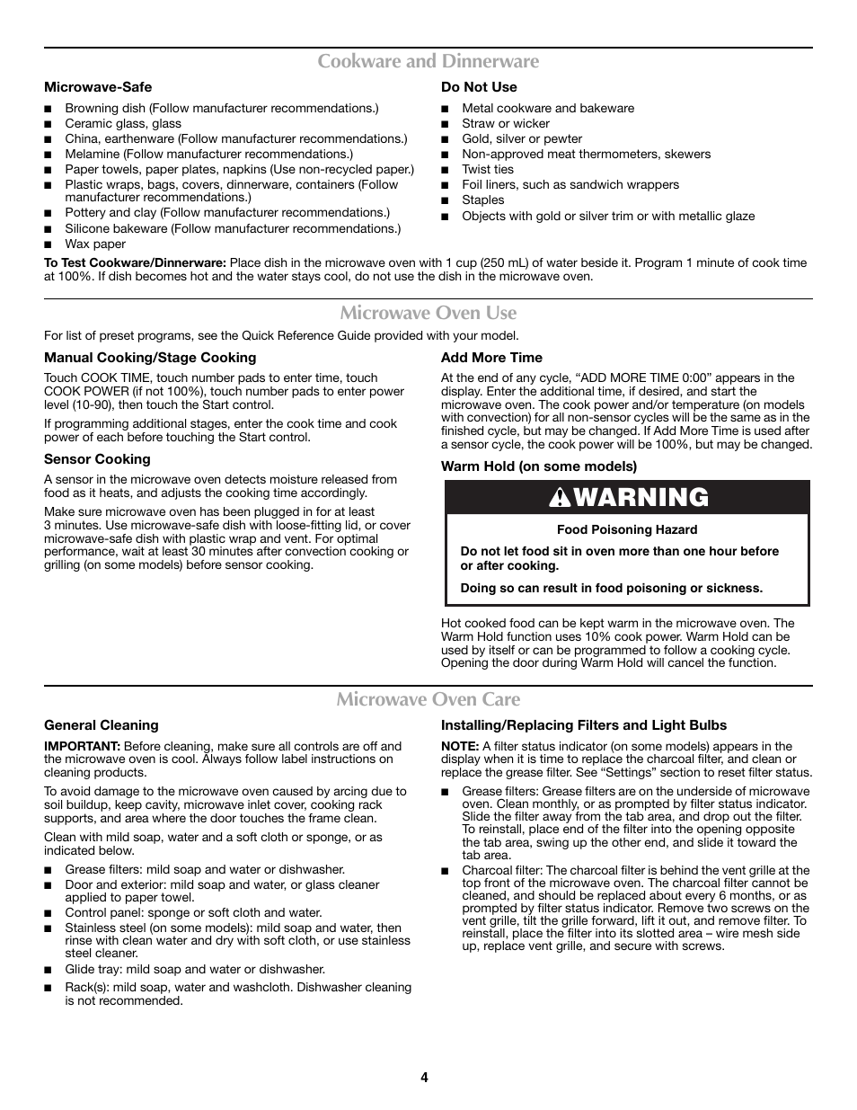 Warning, Cookware and dinnerware, Microwave oven use | Microwave oven care | Maytag W10274531A User Manual | Page 4 / 6