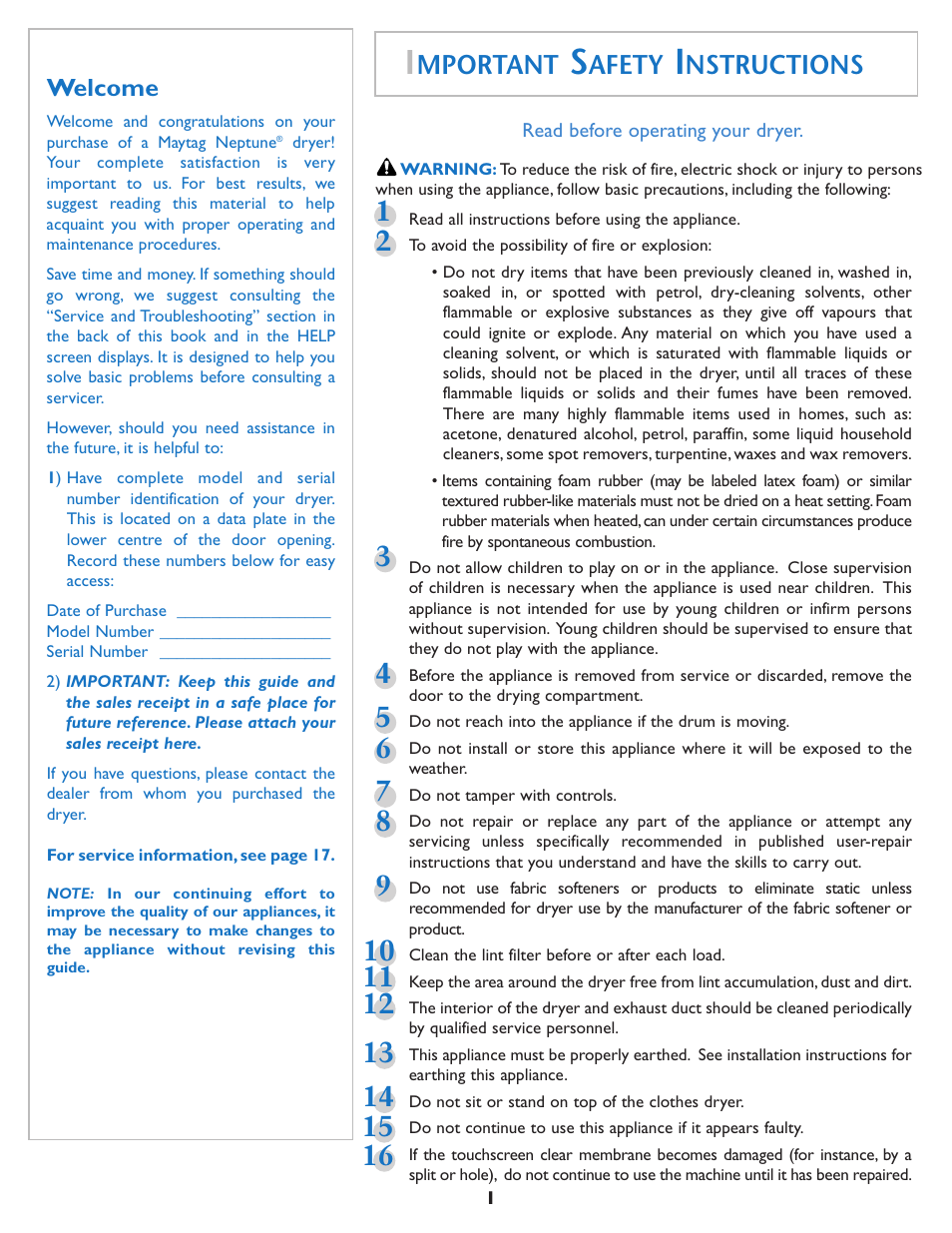 Mportant, Afety, Nstructions | Maytag MDE7550AGW User Manual | Page 2 / 72