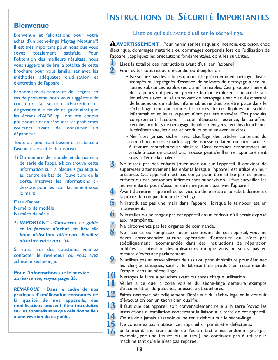 Nstructions de, Écurité, Mportantes | Maytag MDE7550AGW User Manual | Page 20 / 72