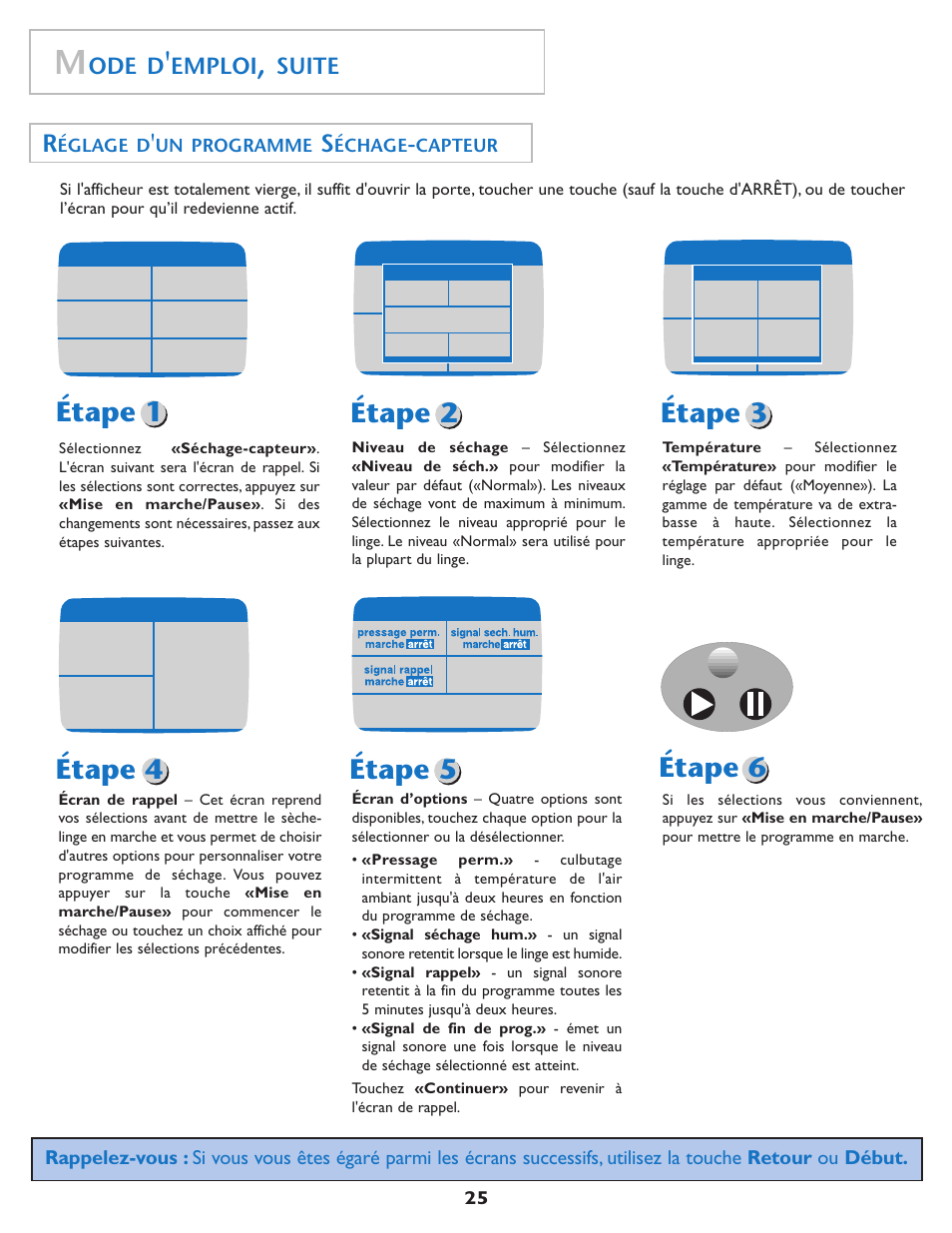 Étape 1 étape 2 étape 3, Étape 4 étape 5, Étape 6 | Ode d, Emploi, Suite | Maytag MDE7550AGW User Manual | Page 26 / 72