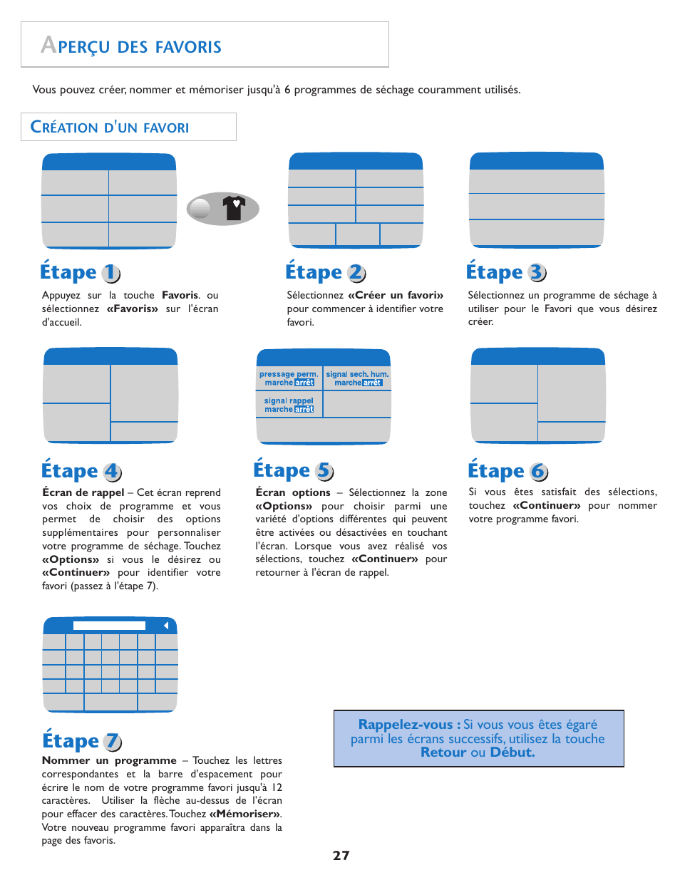 Étape 1 étape 2, Étape 3 étape 4, Étape 7 | Étape 5, Étape 6, Perçu des favoris, Réation d, Un favori | Maytag MDE7550AGW User Manual | Page 28 / 72