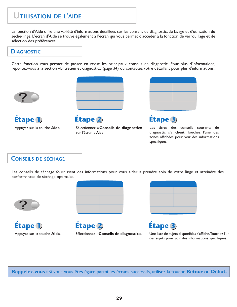 Étape 1 étape 2, Étape 3, Tilisation de l | Aide | Maytag MDE7550AGW User Manual | Page 30 / 72