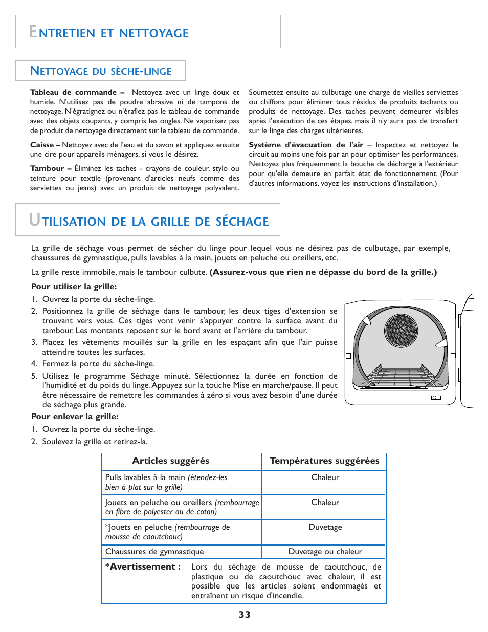 Ntretien et nettoyage, Tilisation de la grille de séchage | Maytag MDE7550AGW User Manual | Page 34 / 72