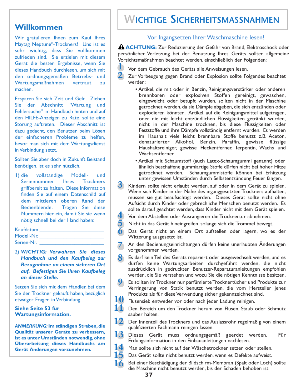 Ichtige, Icherheitsmassnahmen | Maytag MDE7550AGW User Manual | Page 38 / 72