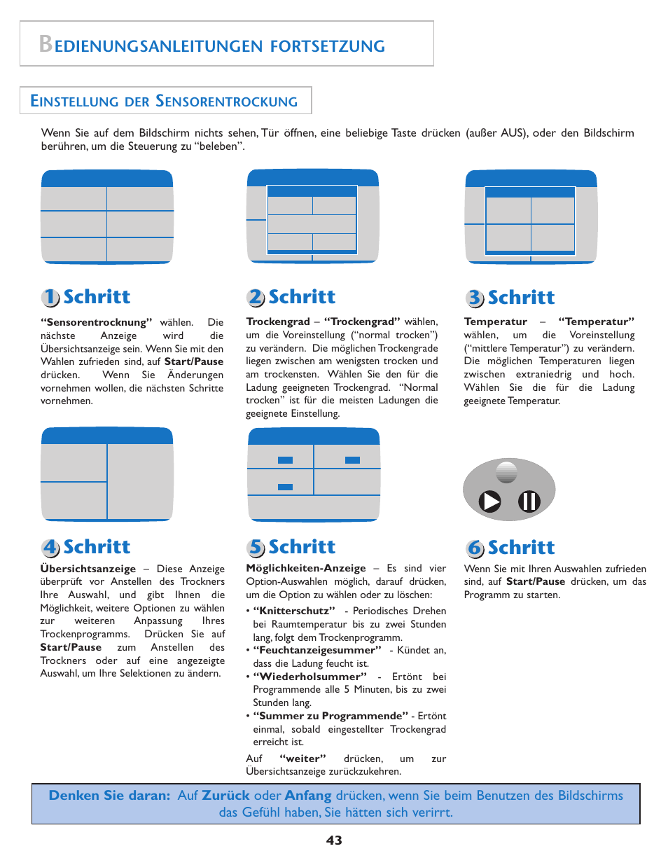 1 schritt, Edienungsanleitungen fortsetzung, Instellung der | Ensorentrockung | Maytag MDE7550AGW User Manual | Page 44 / 72