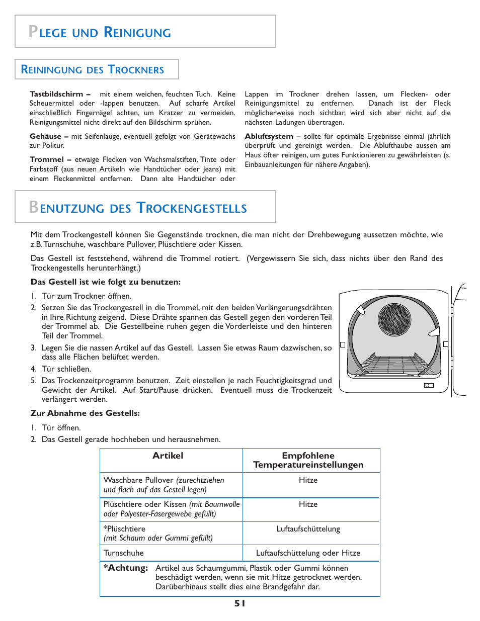 Lege und, Einigung, Enutzung des | Rockengestells | Maytag MDE7550AGW User Manual | Page 52 / 72