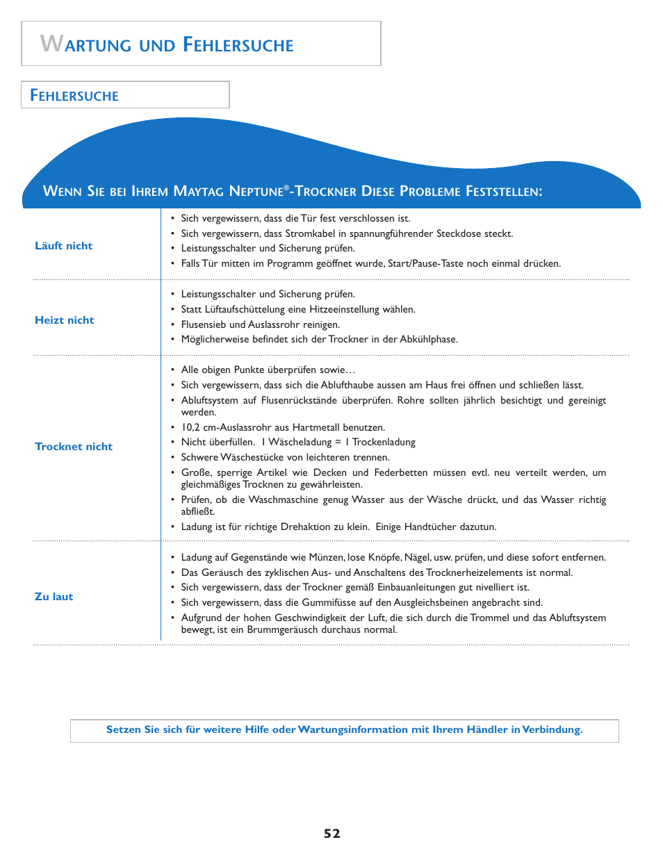 Artung und, Ehlersuche | Maytag MDE7550AGW User Manual | Page 53 / 72