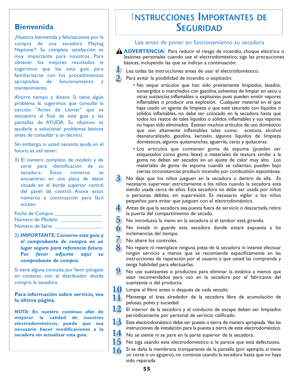 Nstrucciones, Mportantes de, Eguridad | Maytag MDE7550AGW User Manual | Page 56 / 72