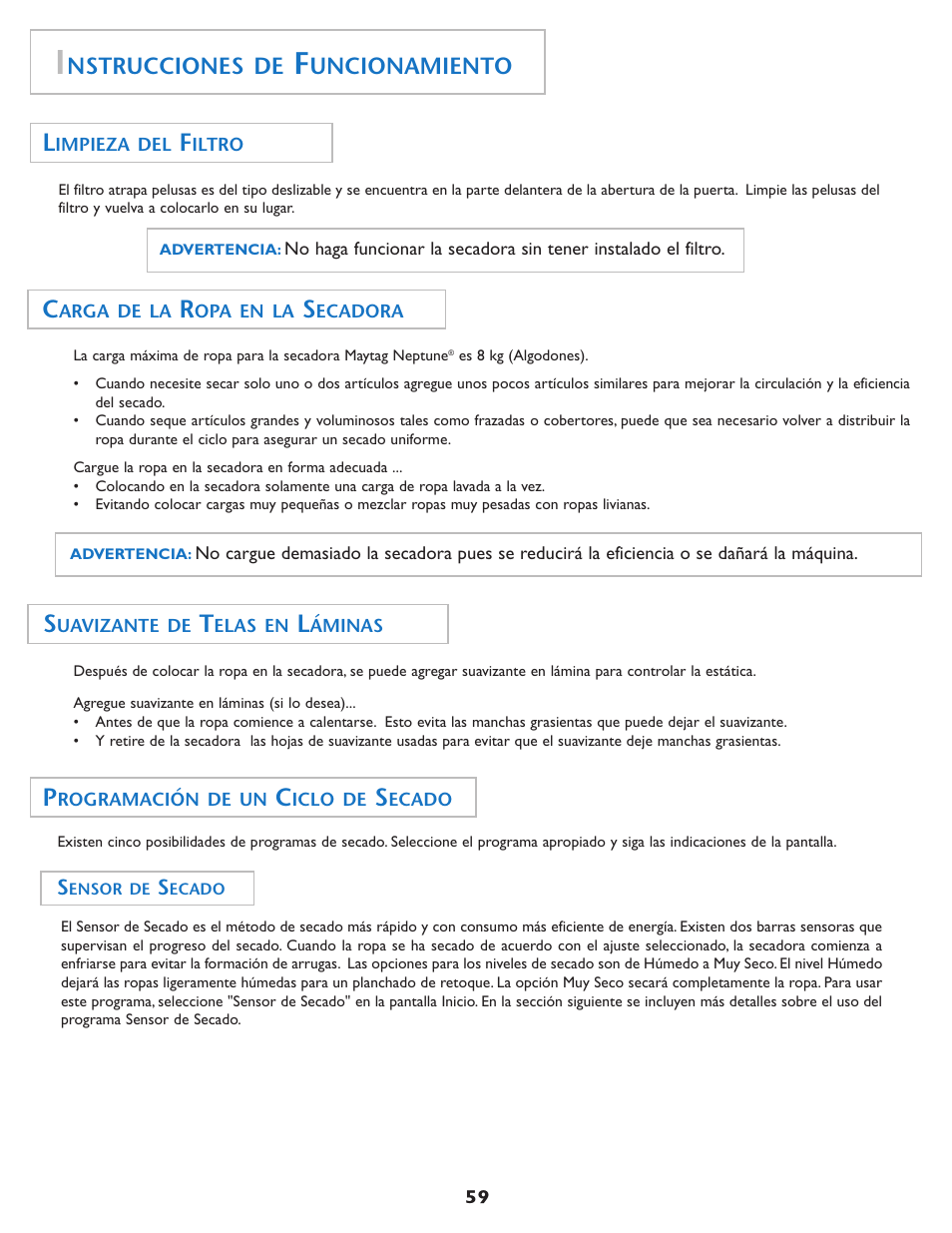 Nstrucciones de, Uncionamiento | Maytag MDE7550AGW User Manual | Page 60 / 72