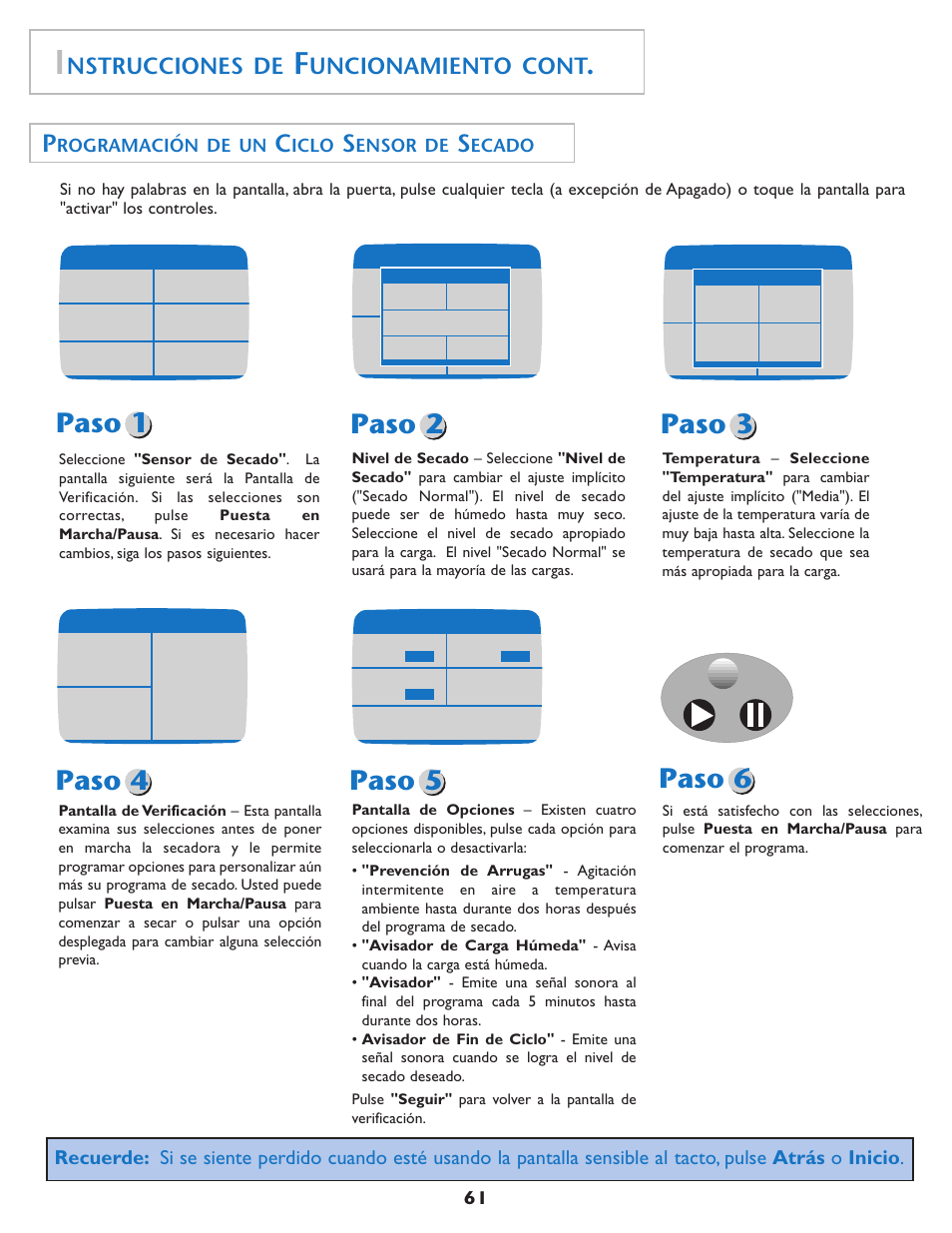 Paso 1 paso 2 paso 3, Paso 4 paso 5, Paso 6 | Nstrucciones de, Uncionamiento cont, Rogramación de un, Iclo, Ensor de, Ecado | Maytag MDE7550AGW User Manual | Page 62 / 72