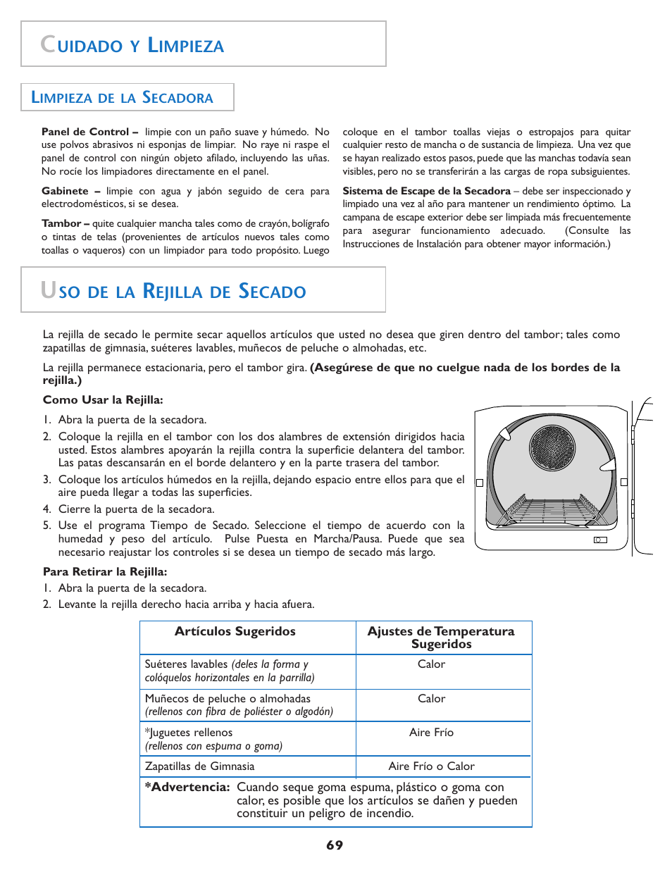 Uidado y, Impieza, So de la | Ejilla de, Ecado | Maytag MDE7550AGW User Manual | Page 70 / 72