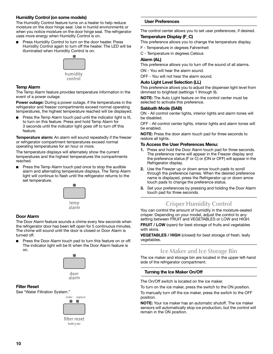 Crisper humidity control, Ice maker and ice storage bin | Maytag 12828190A User Manual | Page 10 / 54