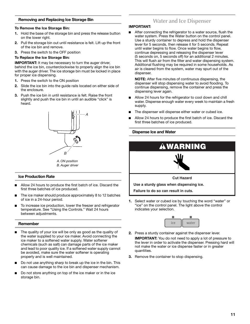 Warning, Water and ice dispenser | Maytag 12828190A User Manual | Page 11 / 54