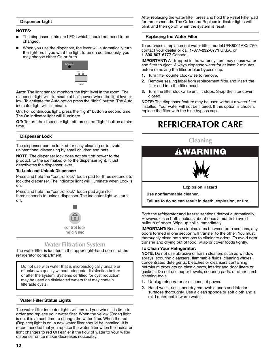 Refrigerator care, Warning, Water filtration system | Cleaning | Maytag 12828190A User Manual | Page 12 / 54