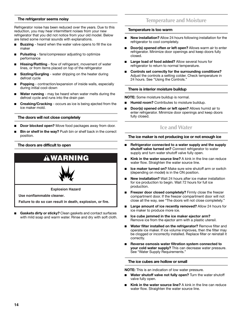 Warning, Temperature and moisture, Ice and water | Maytag 12828190A User Manual | Page 14 / 54