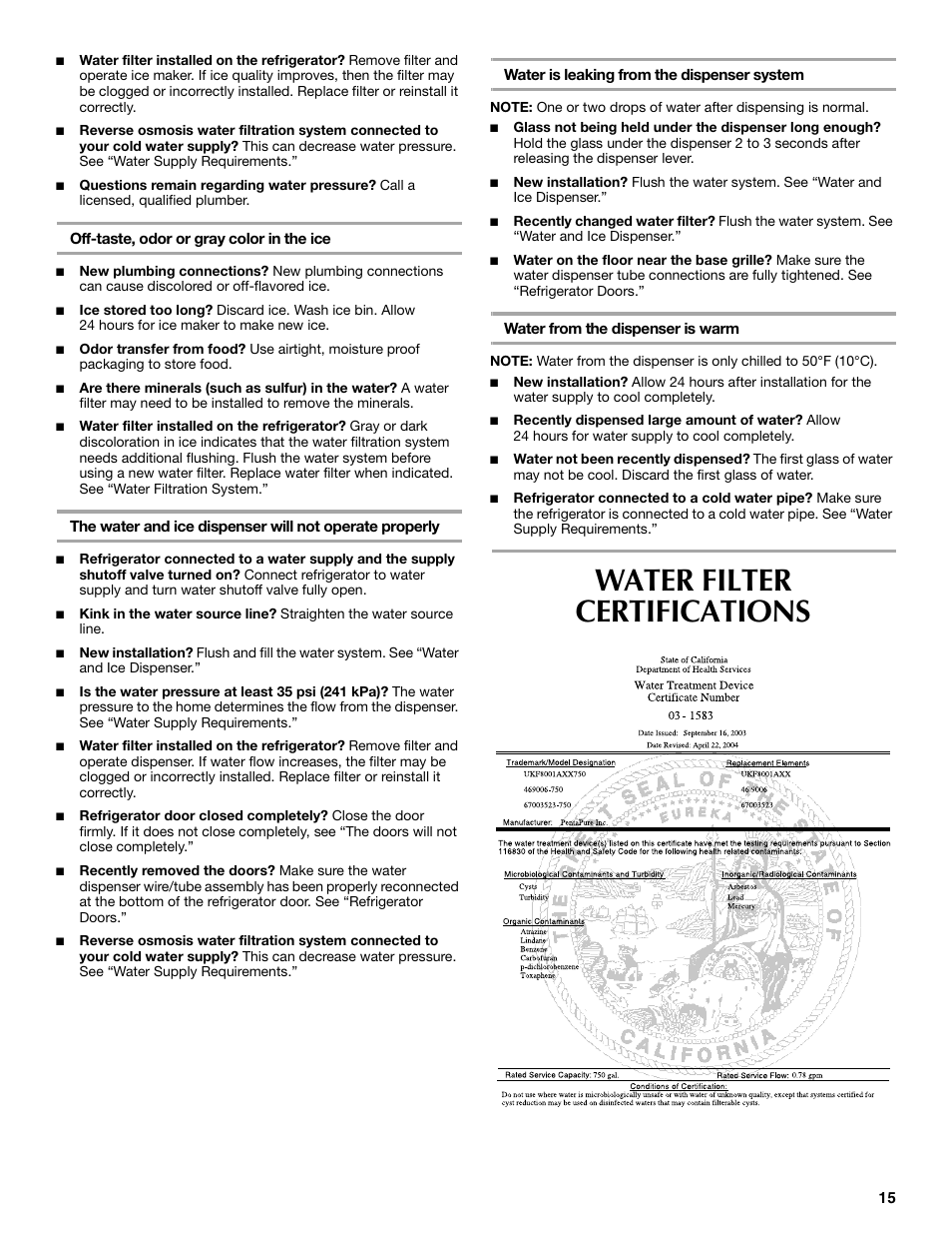 Water filter certifications | Maytag 12828190A User Manual | Page 15 / 54