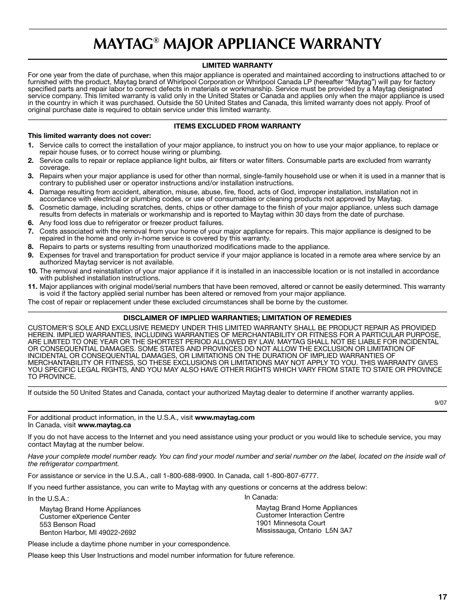 Maytag, Major appliance warranty | Maytag 12828190A User Manual | Page 17 / 54