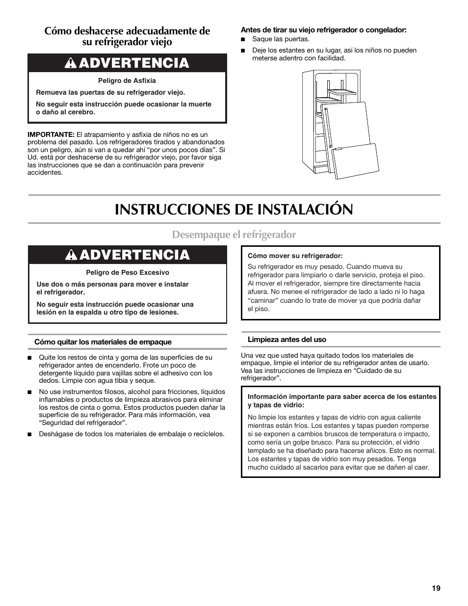 Instrucciones de instalación, Advertencia, Desempaque el refrigerador | Maytag 12828190A User Manual | Page 19 / 54