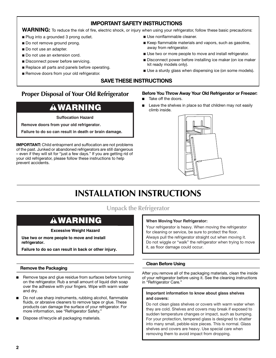 Installation instructions, Warning, Proper disposal of your old refrigerator | Unpack the refrigerator, Important safety instructions warning, Save these instructions | Maytag 12828190A User Manual | Page 2 / 54