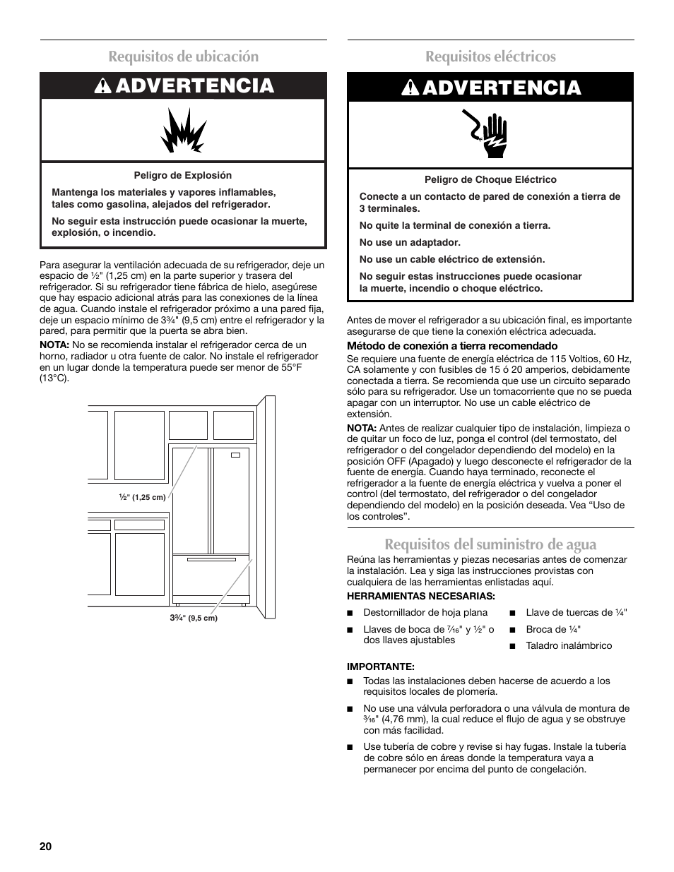 Advertencia, Requisitos de ubicación, Requisitos eléctricos | Requisitos del suministro de agua | Maytag 12828190A User Manual | Page 20 / 54
