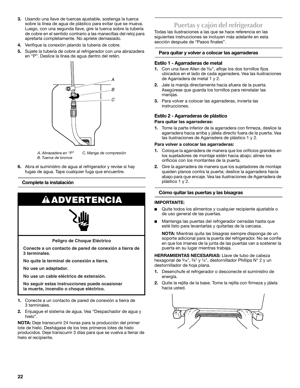 Advertencia, Puertas y cajón del refrigerador | Maytag 12828190A User Manual | Page 22 / 54