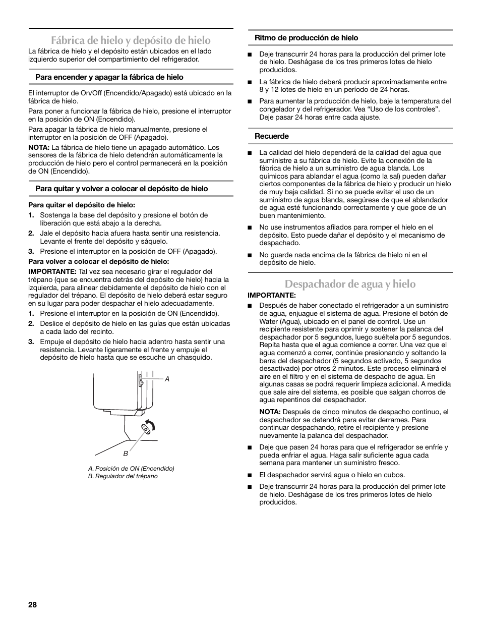 Fábrica de hielo y depósito de hielo, Despachador de agua y hielo | Maytag 12828190A User Manual | Page 28 / 54